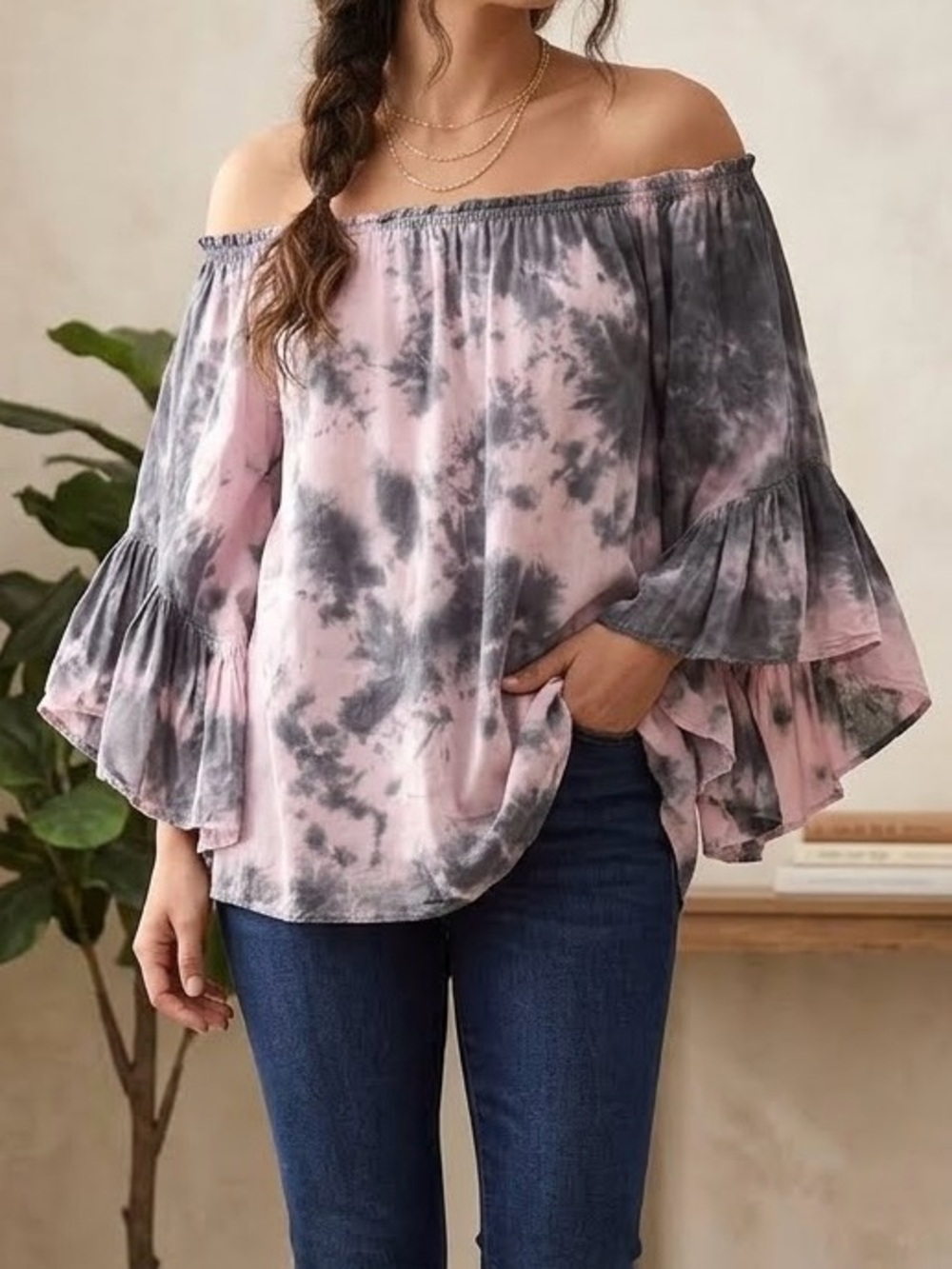 Elan Pink and Gray Tie-Dye Peasant Off-Shoulder Tunic